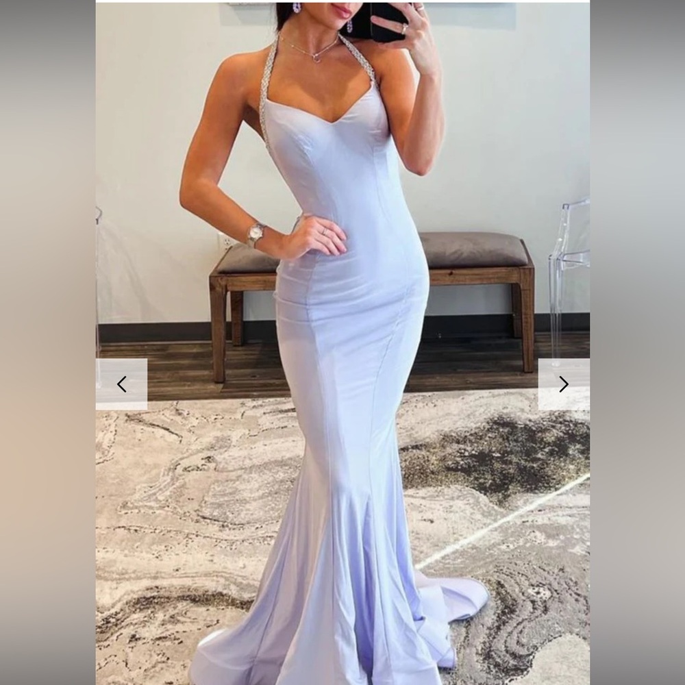 Light Lilac Halter Satin Mermaid Long Prom Dresses with Beading